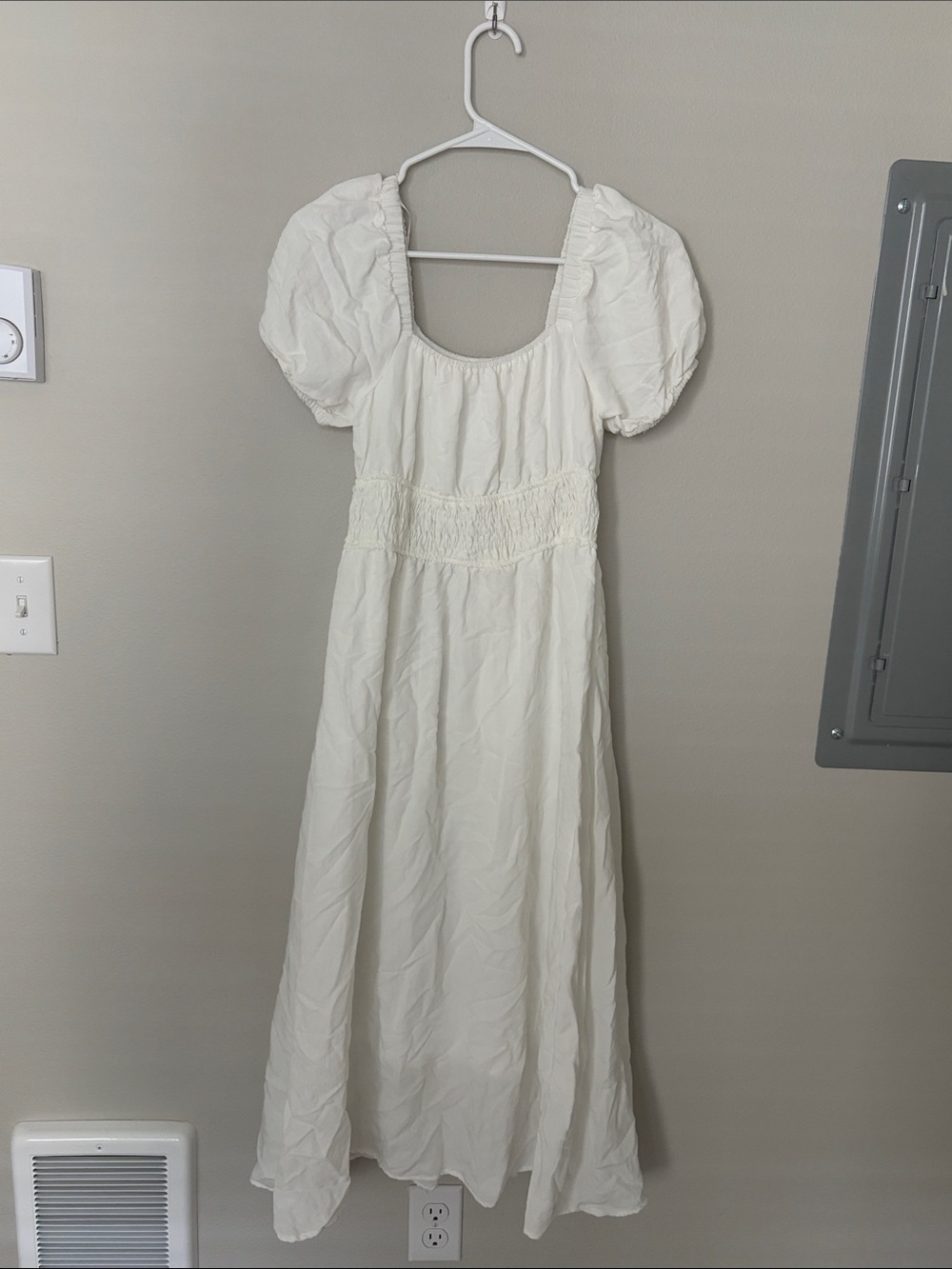 Ivory Puff-Sleeve Smocked-Waist Maxi Dress